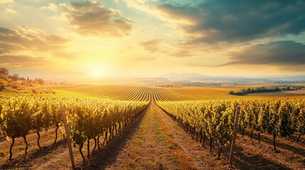 Naklejka premium A scenic view of a vineyard during harvest season with grapevines stretching into the distance and space in the sky for text.