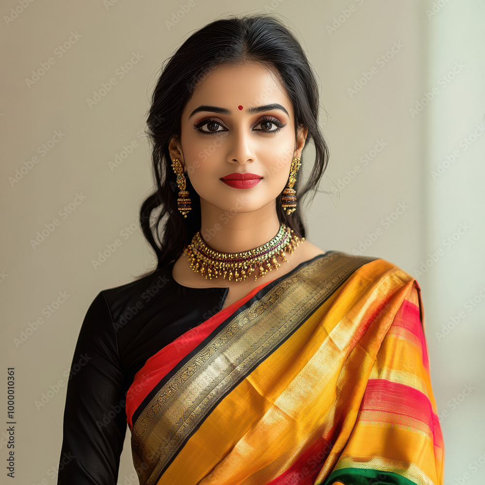 Canvas Prints Young beautiful indian woman in traditional saree and gold jewelery.