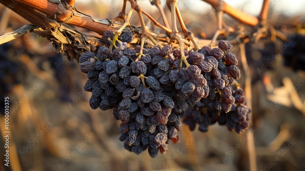 Wall mural Bunch of dry raisin on tree closeup view