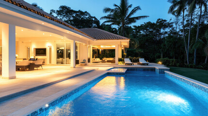 Fototapeta premium Beautiful, modern, and clean large pool with a sitting area at the end of an elegant stone patio in front of a luxury home