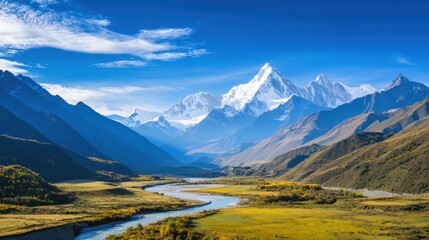 A vast mountain landscape with a river winding through the valley ideal for adventure exploration