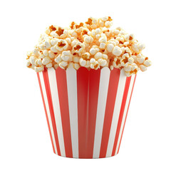 A vibrant bucket of popcorn ready for movie night, featuring classic red and white striped design for an inviting snack experience., isolated on a transparent background.