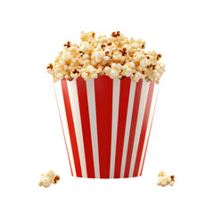 A vibrant red-striped popcorn bucket filled with fresh, buttery popcorn, perfect for movie nights and snacking., isolated on a transparent background.