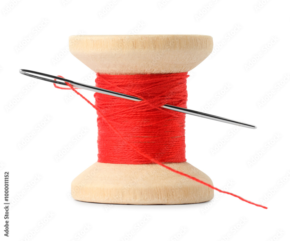 Sticker Spool of red sewing thread with needle isolated on white