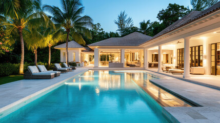 Fototapeta premium Beautiful, modern, and clean large pool with a sitting area at the end of an elegant stone patio in front of a luxury home