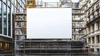 A blank white poster mockup on a temporary construction site fence, with the scaffolding and unfinished building in the background.