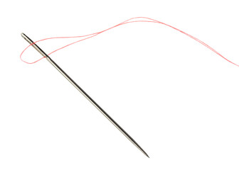 Sewing needle with red thread isolated on white