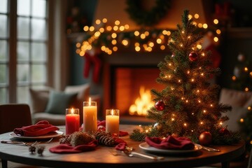 A wooden table with a Christmas room and a fireplace in the background, setting a festive and cozy atmosphere for the holiday season