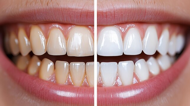 Healthy teeth before and after whitening. Dental care concept