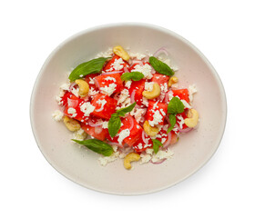 Tasty salad with watermelon, feta cheese and basil isolated on white, top view