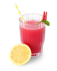 Tasty watermelon drink in glass and lemon isolated on white
