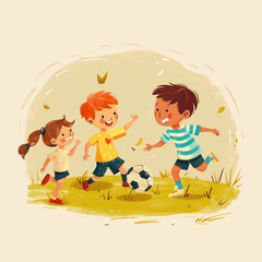 Cheerful kids playing football: a whimsical cartoon-style illustration for a children's book