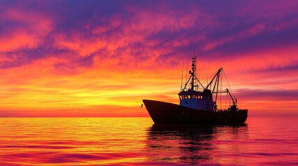 Naklejka premium A silhouette of a fishing boat against a colorful sunset, providing a large, open sky area for text placement.