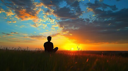 Obraz premium A silhouette of a person enjoying a sunset from a hilltop, with a wide-open sky above for adding copy.