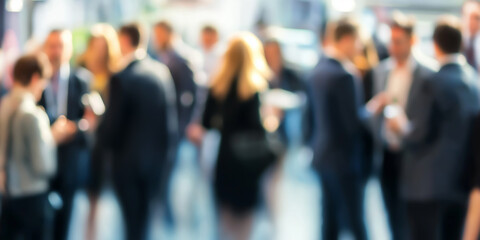 A blurred gathering of business professionals networking and conversing during a corporate event, with a vibrant, out-of-focus background that creates a lively yet indistinct atmosphere
