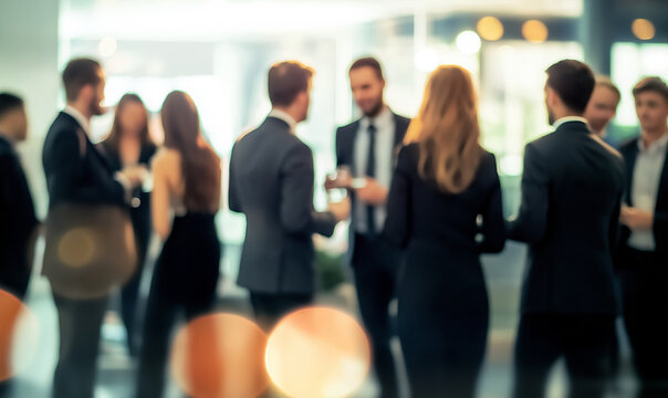 A blurred networking event with business professionals in formal attire, gathered in a modern office or event space, engaging in conversation