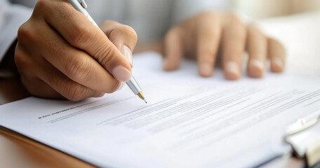 Close-up of a person signing a formal document with a pen, emphasizing the act of writing and decision-making