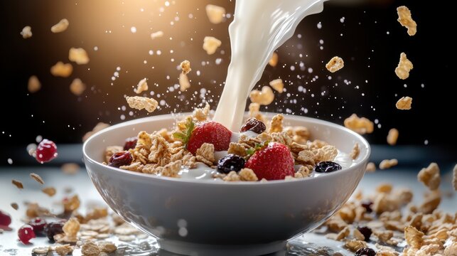 Breakfast cereal with raisin and milk splash