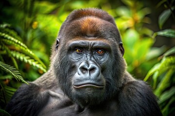 Naklejka premium intense stare of powerful gorilla in forest