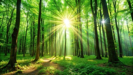 Fototapeta premium Intense sunlight streaming through lush green forest at low angle
