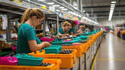 Workers assembling products in a modern warehouse with colorful bins and organized workstations.