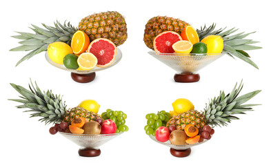 Glass bowl with fresh different fruits isolated on white, collage