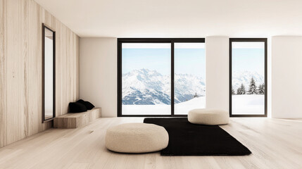 Modern mountain retreat interior showcasing panoramic views of snowy peaks and minimalist decor in a serene living space