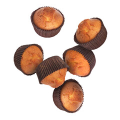 Delicious muffins in air on white background