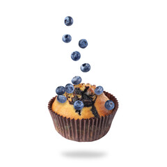 Yummy muffin and blueberries in air on white background
