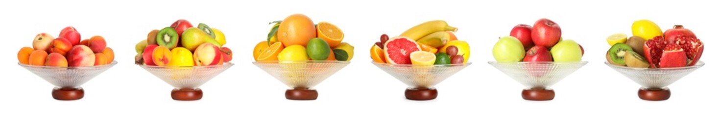 Glass bowl with fresh different fruits isolated on white, collage