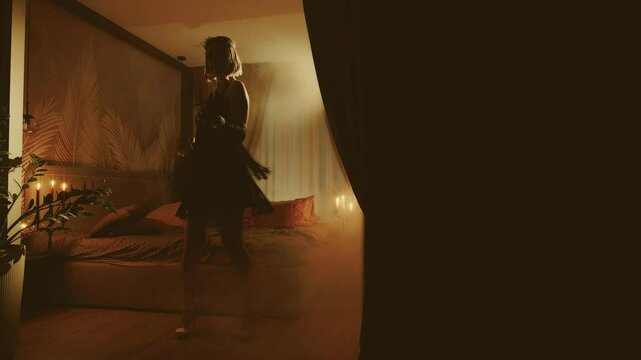 Old film style dark female silhouette dancing.. sexy vintage dress fringe waving. retro young happy woman dancer at night club party have fun. room full smoke black free space for text invitation 4k