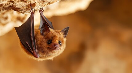 Obraz premium A cute bat hanging upside down in its natural habitat, showcasing its unique features and soft fur.
