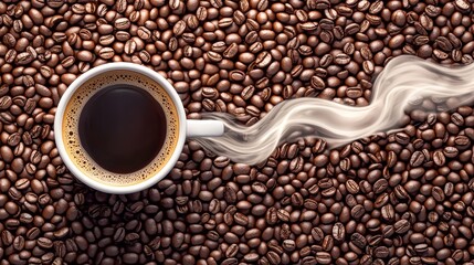 Naklejka premium A cup of coffee surrounded by roasted coffee beans, steam rising creating a warm and inviting atmosphere.