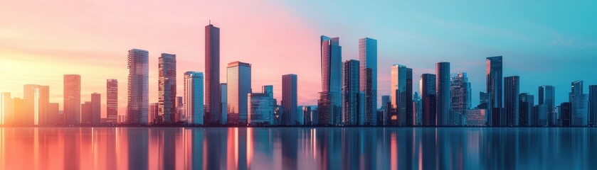 Obraz premium stunning city skyline at sunset, showcasing modern skyscrapers reflecting vibrant colors in water. scene captures beauty of urban architecture and tranquility of twilight. 