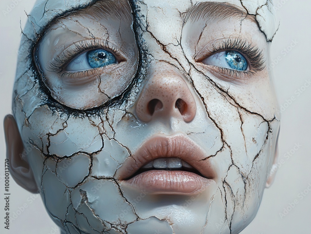 Wall mural Cracked Skin Portrait: A Surreal Exploration of Beauty and Decay