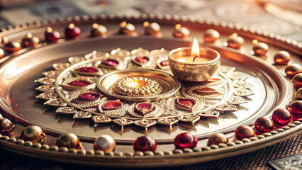 Futuristic Macro Shot of Bhai Dooj Tika Plate: Intricate Designs and Glowing Elements in Modern-Traditional Fusion