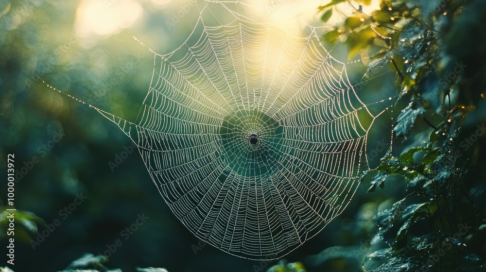 Wall mural a spider intricate web glistening with dew in the morning light, with plenty of open space around fo