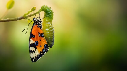 Obraz premium A vibrant butterfly clings to a branch, with a green chrysalis nearby, showcasing the beauty of nature and transformation.