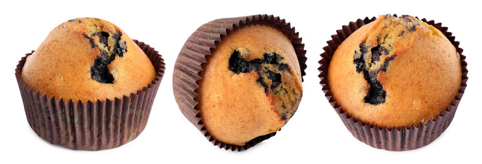 Many yummy blueberry muffins isolated on white, set
