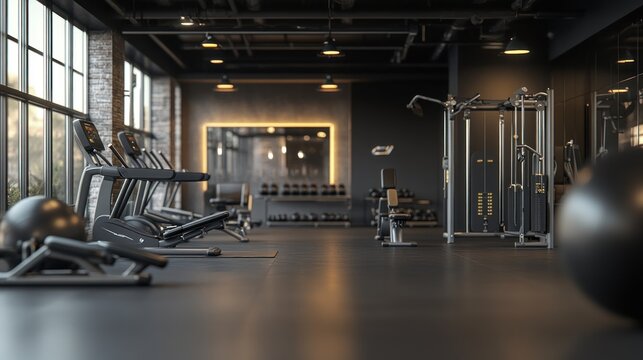 Modern gym interior with exercise equipment and spacious layout for fitness activities.