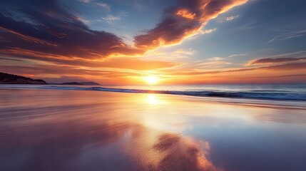 Fototapeta premium A stunning sunset over a tranquil beach, with the sun dipping below the horizon and plenty of open sky for text.