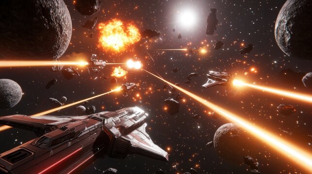 An epic space battle with spaceships shooting laser beams amidst glowing planets and asteroids