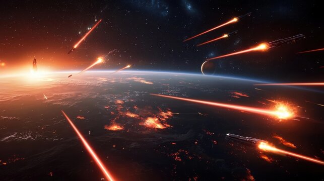 An epic space battle with spaceships shooting laser beams amidst glowing planets and asteroids