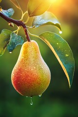 Ripe pear fruit growing on tree