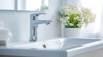 A stylish sink and faucet in a bright bathroom, with a clean counter and space for copy.