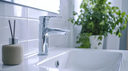 A stylish sink and faucet in a bright bathroom, with a clean counter and space for copy.