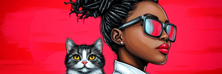A stylish woman with dreadlocks and sunglasses, with her cat peeking over her shoulder.