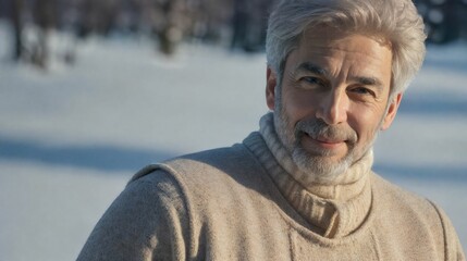 雪の中で微笑むシニア男性/Old man smiling in the snow