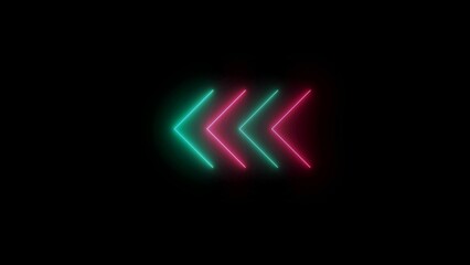 Animated neon arrow on black screen background.Direction banner.