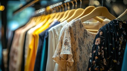 Obraz premium Colorful Assortment of Stylish Clothing Hanging on Racks in a Chic Retail Display
